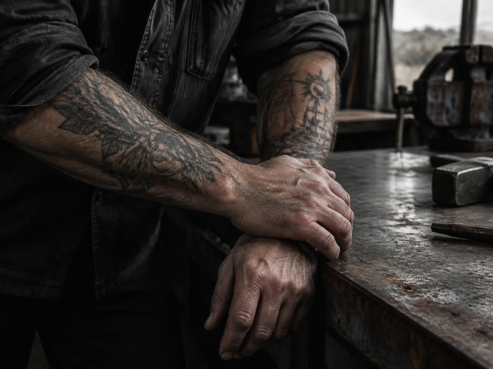 Tattooed hands resting on a workshop bench